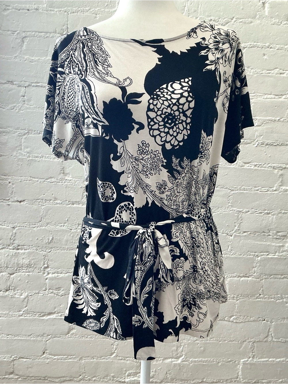 Talbots Black Cream Floral Paisley Print Belted Blouse Top Size L Office Casual